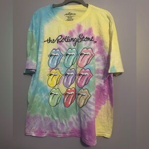 ROLLING STONES TIE DYE SHIRT Mens 2XL XXL BLUE Pink Lips Rock Music Faded NWOT